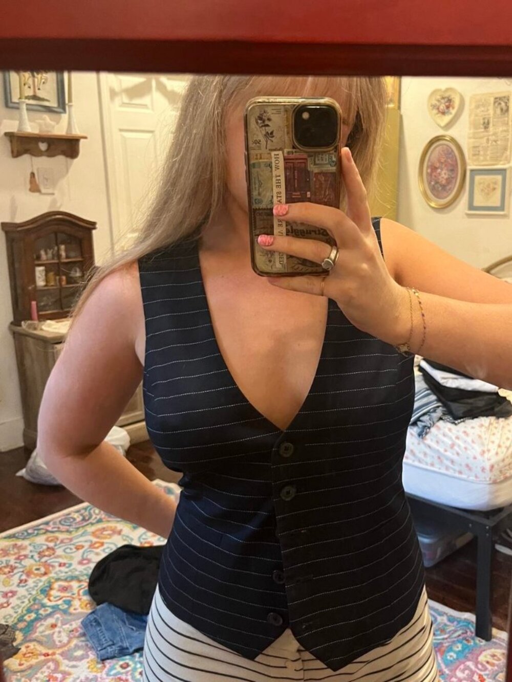 navy blue and white pinstripe silky vest button down top